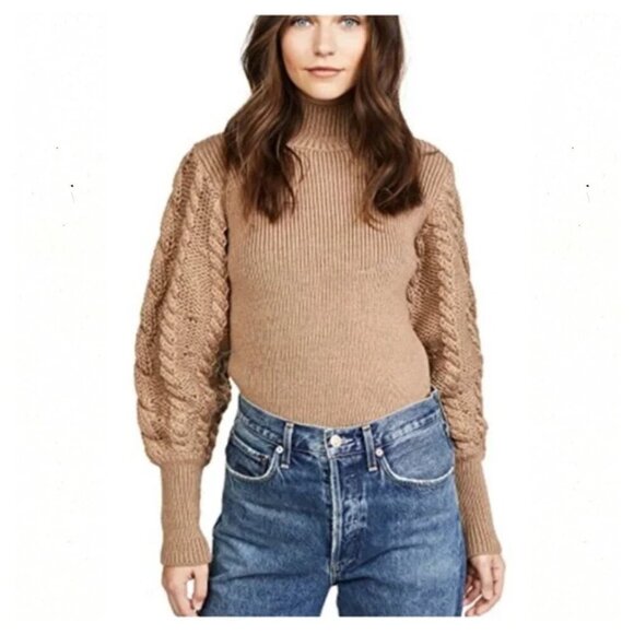 Caroline Constas Chunky Knit Bishop Sleeve 100% Merino Wool Turtleneck Sweater - Picture 1 of 8